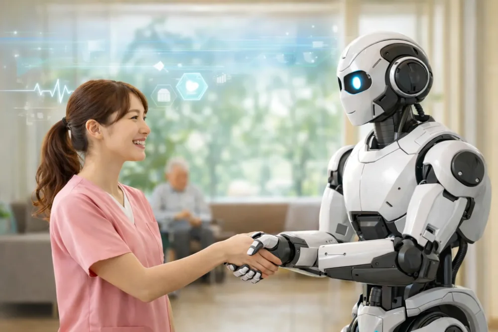 女性介護士がフィジカルAIと人間同士のように握手する様子