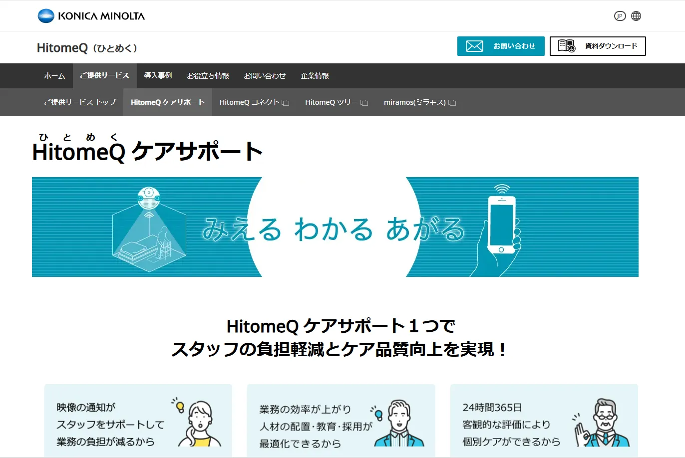 コニカミノルタ「HitomeQ(ひとめく) ケアサポート」のホームページのファーストビュー