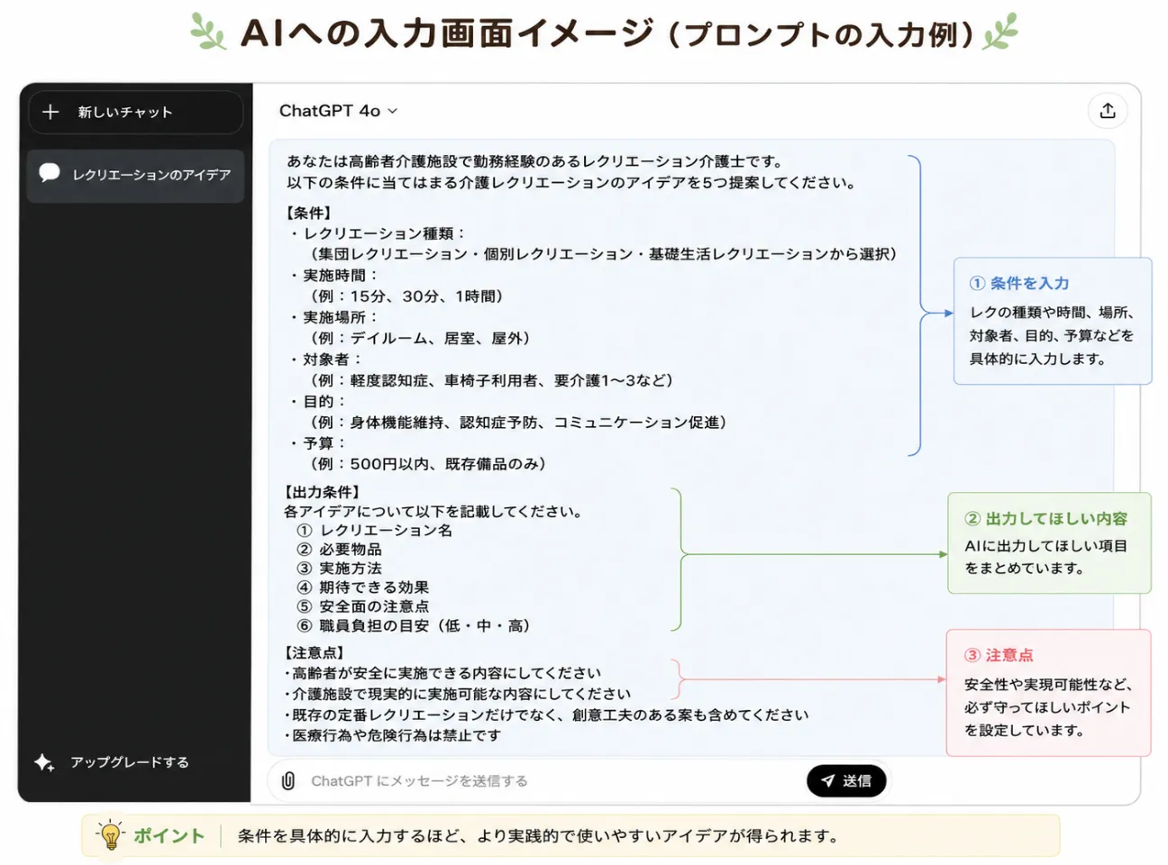 AIにレクリエーションのアイデア出しを依頼する際のプロンプトの入力例