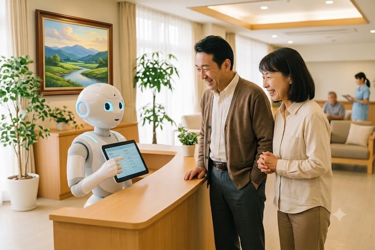 ヒューマノイドロボットが介護施設の受付で利用者の家族を出迎える様子