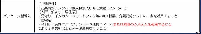 厚生労働省「令和8年度予算案の概要(老健局)の参考資料」より介護テクノロジー導入支援事業におけるパッケージ型導入の要件