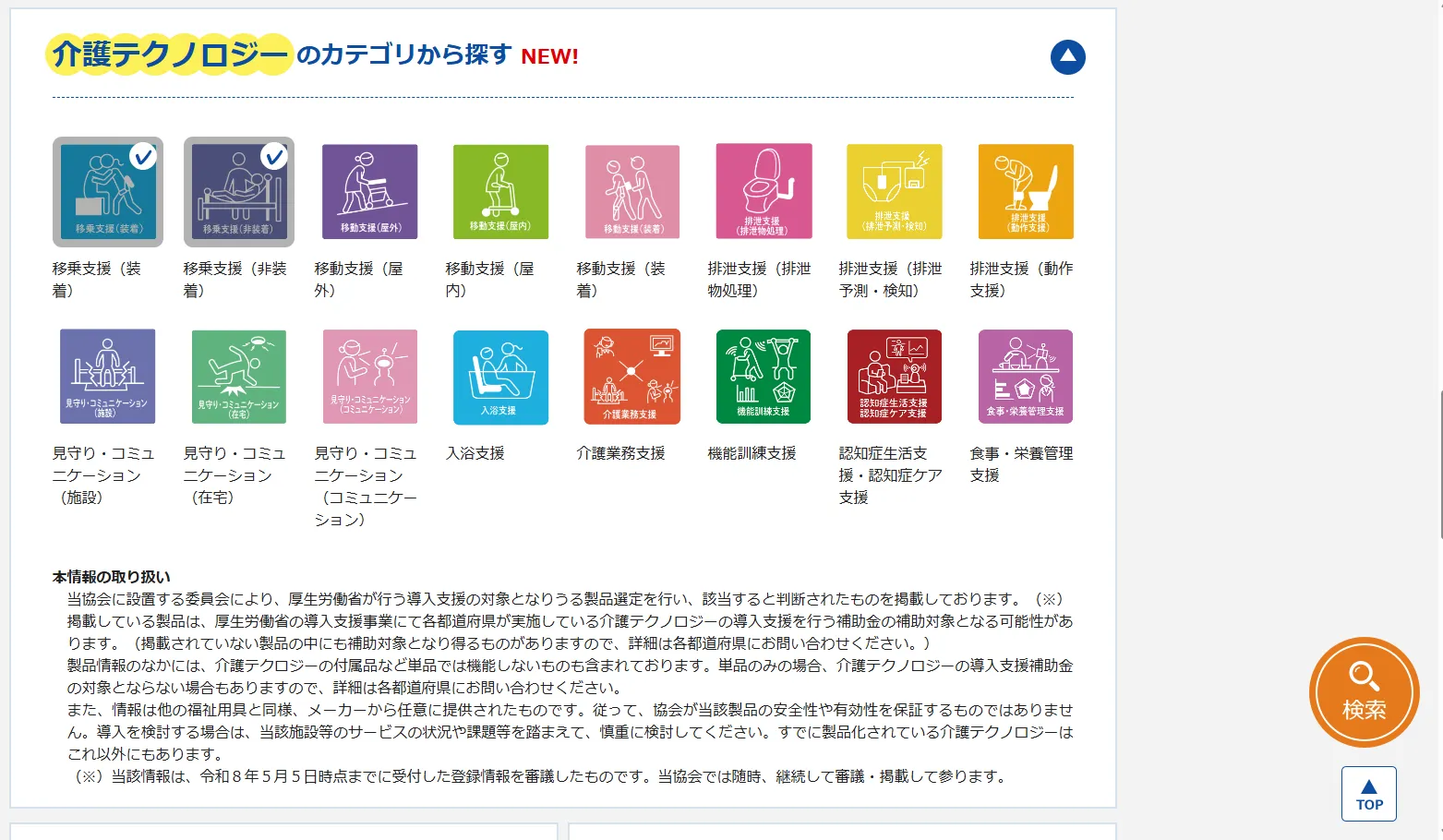 公益財団方針テクノエイド協会「福祉用具情報システム(TAIS)」より「介護テクノロジーのカテゴリから探す」の部分